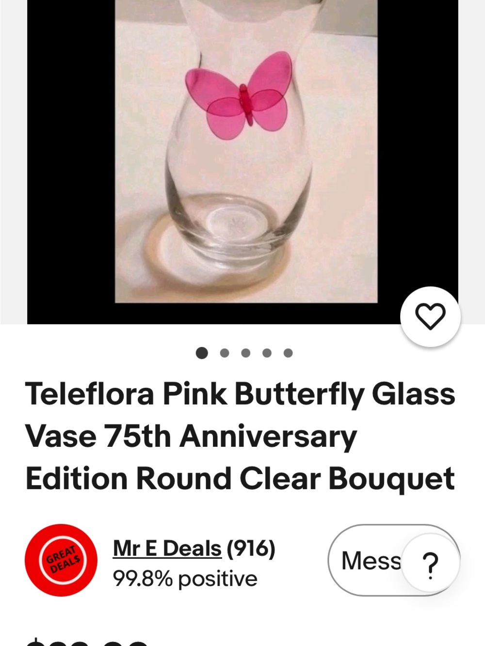Teleflora Pink Butterfly Glass Accent Vase